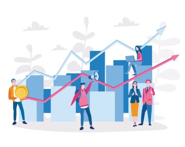 Büyüyen grafikleri ve altın paraları olan mutlu bir çalışma takımı.