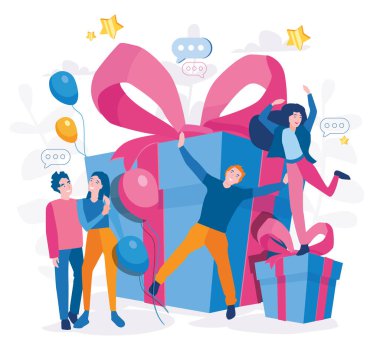 Büyük hediye kutularıyla mutlu insanların çizgi film vektör çizimi