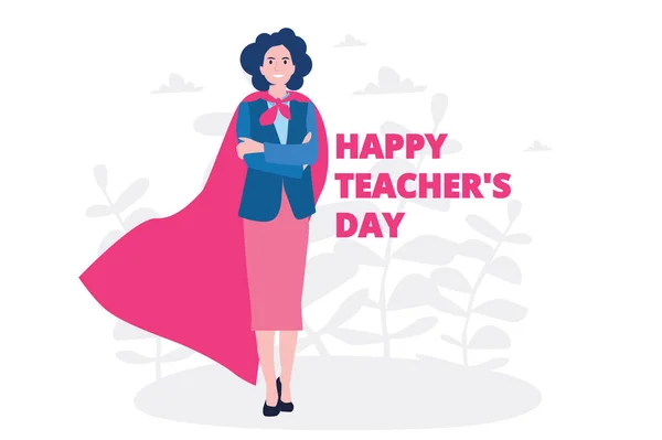 Cartoon Vector Illustration Woman Red Cloak Happy Teachers Day Lettering — Stock Vector