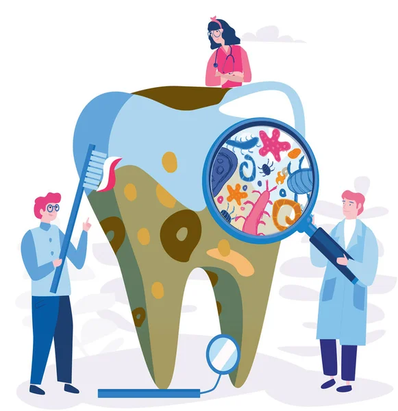 Illustration Vectorielle Dessin Animé Équipe Dentistes Avec Une Grande Dent — Image vectorielle