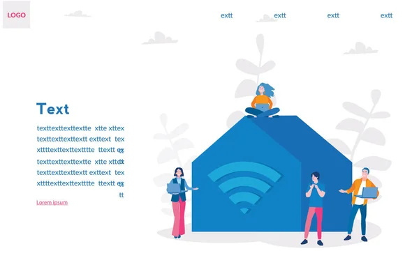 Gruppo Lavoro Grande Casa Con Simbolo Wifi — Vettoriale Stock