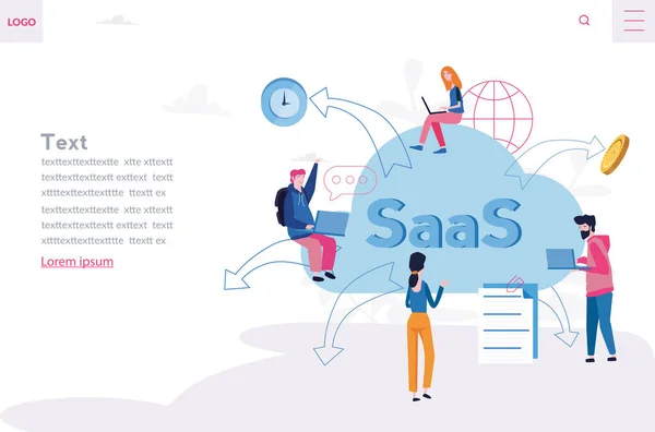 Cartoon Vector Illustratie Van Het Werk Team Met Saas Belettering — Stockvector