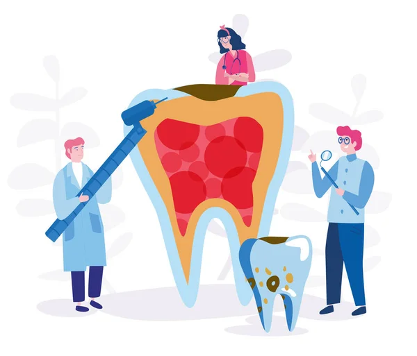 Illustration Vectorielle Dessin Animé Travailleurs Médicaux Explorant Les Dents Humaines — Image vectorielle