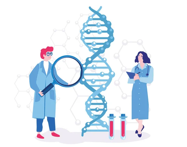 Gambar Vektor Kartun Dari Dua Pekerja Medis Mengeksplorasi Rantai Dna - Stok Vektor