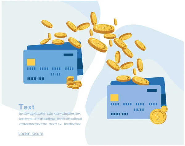 クレジットカードと取引の間のコインの漫画のベクトル図 — ストックベクタ