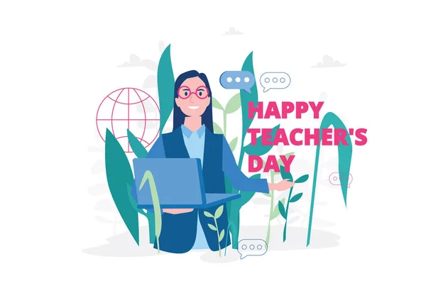 漫画のベクトル図の笑顔の女性とノートパソコンと幸せな教師の日のレタリング — ストックベクタ