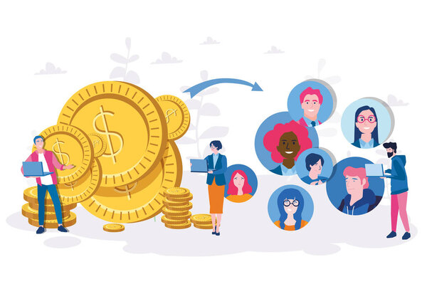 cartoon vector illustration of working people with large coins and userpics