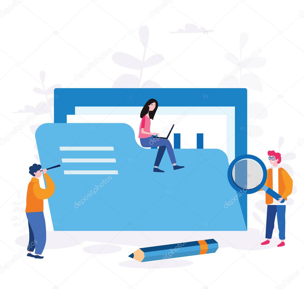 cartoon vector illustration of working team with papers folder