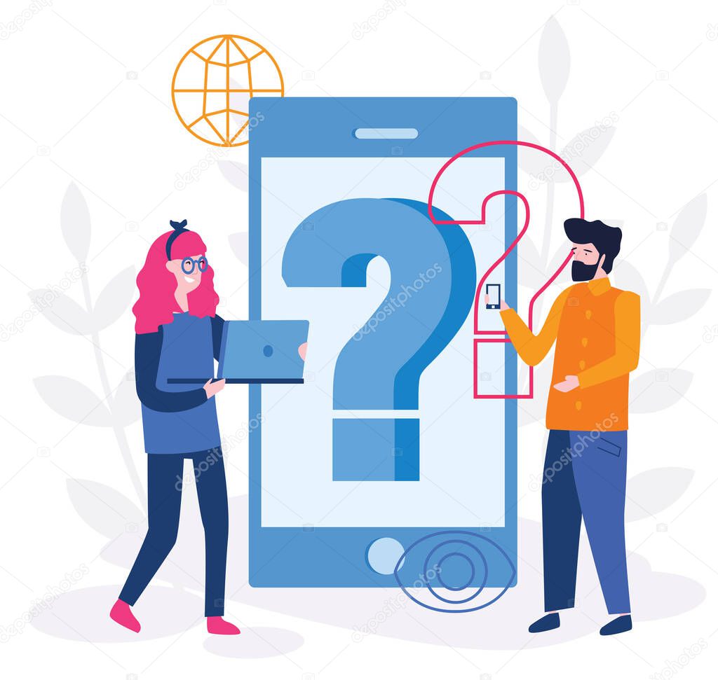 cartoon vector illustration of two people with large question symbol on smartphone screen