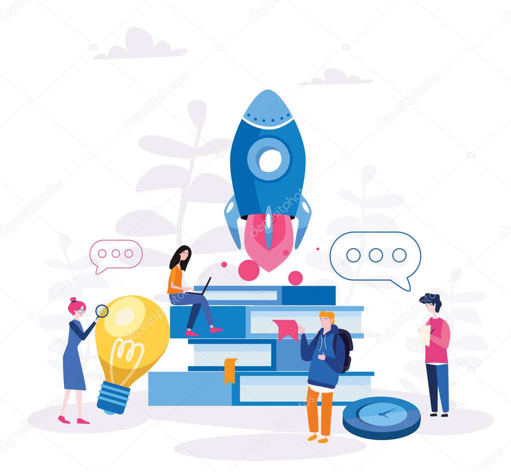 Business Start Up Concept for web page, banner, presentation, social media. Vector illustration, business project startup process, idea through planning and strategy, time management, realisation