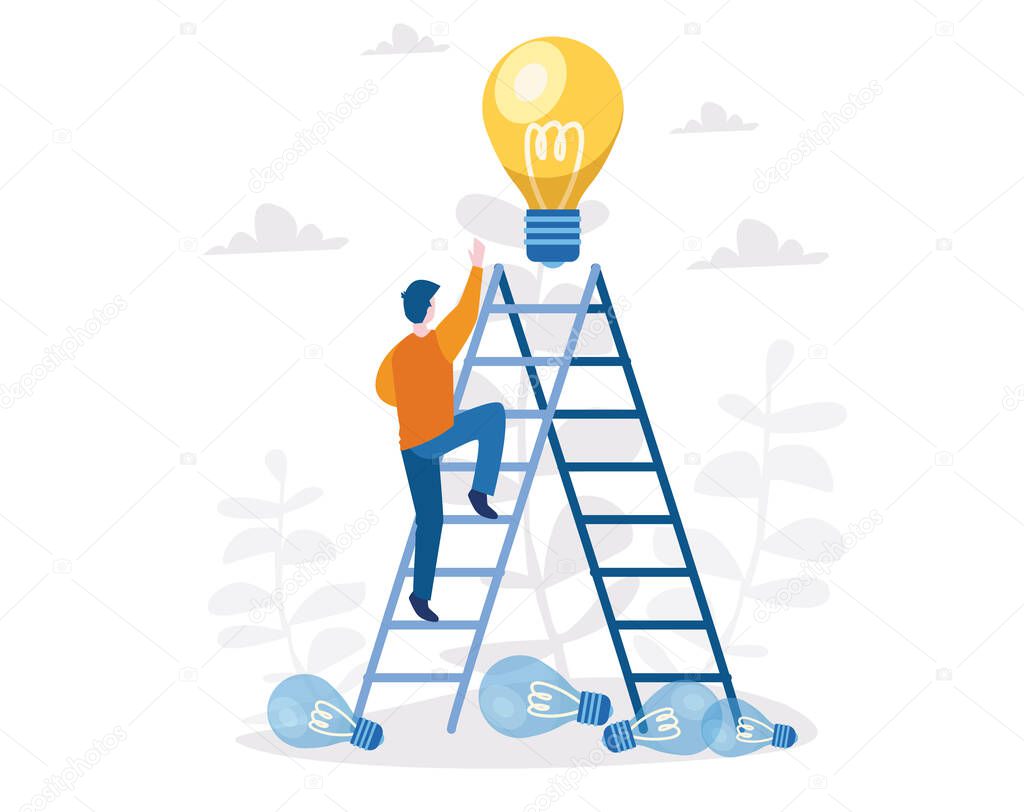 cartoon man climbing on ladder for lit up idea lamp