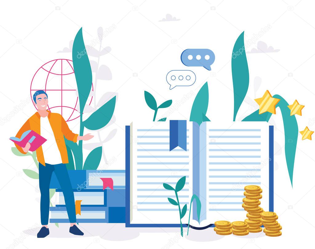 e-learning concept, happy man with books and coins