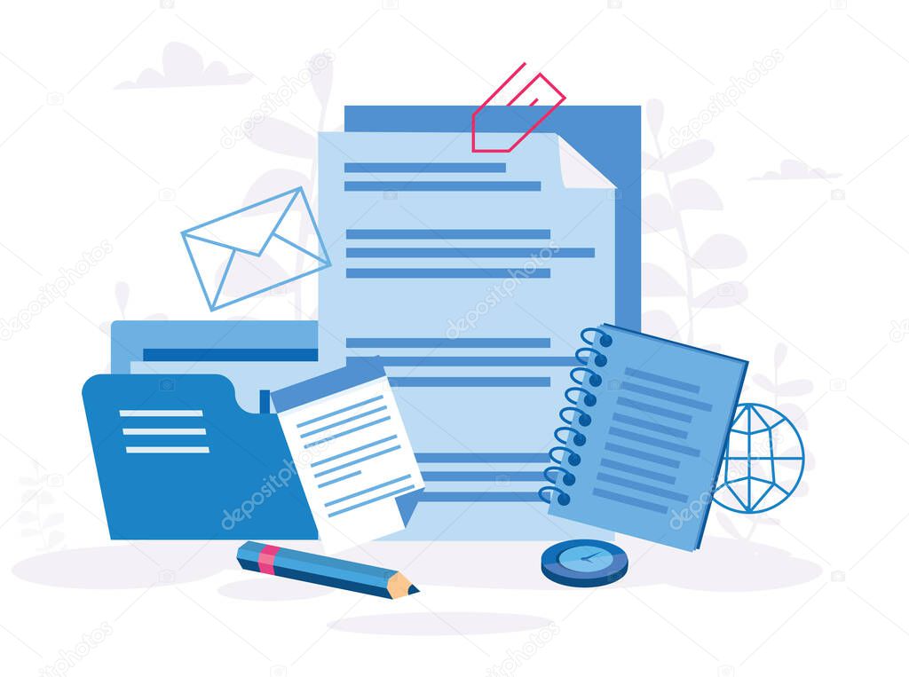 cartoon vector illustration of office papers and pencil