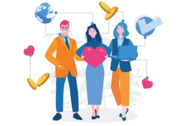 Bağış ve gönüllüler web pankartı, bilgi grafikleri ve mobil için Vektör illüstrasyonunda çalışıyorlar. 