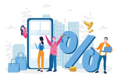 İnsanlar internetten alışveriş yapıyor. İndirim, E-ticaret ve online alışveriş. Web afişi, bilgi grafikleri, cep telefonu için vektör illüstrasyonu. Büyük şehirde alışveriş yapmak, akıllı telefonundaki tüm mağazalar.. 