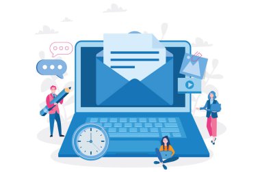 Posta servisi, e-posta, e-posta bildirimi, yeni gelen mesajlar, zarf, sosyal ağ, sohbet, spam. Web afişi, bilgi grafikleri, mobil web sitesi için vektör illüstrasyonu. İniş sayfası 