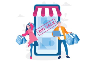 Mobil alışveriş. Alışveriş merkezinde indirim var, sıcak yaz indirimi. Web, baskı, sosyal medya ve sunum için vektör illüstrasyonu. E-ticaret, pazarlama. çevrimiçi mağaza.