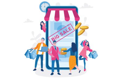 Büyük indirim, seyyar alışveriş, mutlu insanlar. Web pankartı, bilgi grafikleri ve mobil için vektör illüstrasyonu. 