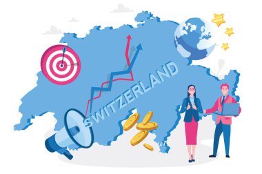 İsviçre haritası, İsviçre 'ye hoş geldiniz, reklam ve tanıtım, İsviçre ekonomisi. Web pankartı, bilgi grafikleri ve mobil için vektör illüstrasyonu. 