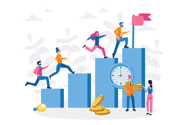 Конкурентный процесс в бизнесе, бизнес-мужчина и женщина бегут к своей цели, двигаться вверх мотивацию, способ достижения цели, бизнесмен спешит в каждом шаге векторной иллюстрации для Интернета, печать