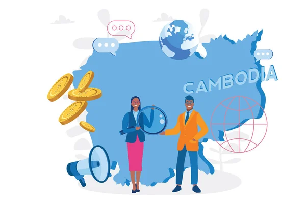 Kambodscha Landkarte Mit Menschen Willkommen Kambodscha Land Werbung Und Promo — Stockvektor