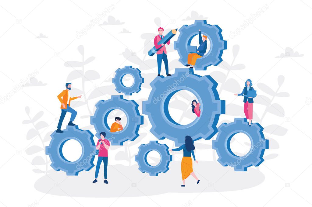 Team building Vector illustration for web banner, infographics, mobile.  Business people on gear.