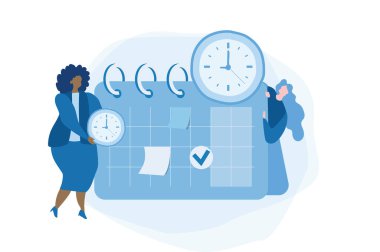 Planlayıcı ya da program konsepti, etkili zaman yönetimi, zaman tasarrufu, takım çalışması, planlama eğitim aktiviteleri, organizasyon, çalışma süresi. Düz vektör illüstrasyonu.