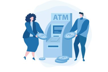 ATM 'nin yanındaki insanlar, müşterilere yardım eden kadın asistanlar, vektör illüstrasyonu, ATM kullanarak para transferleri. Otomatik veznedarın yanında madeni paraları olan bir danışman.. 