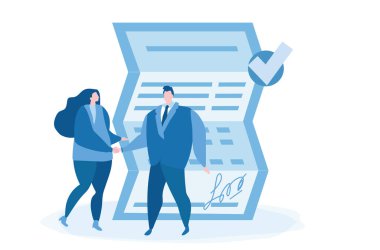 El sıkışma, başarılı ortaklık. Web afişi, baskı, bilgi grafikleri, mobil web sitesi için vektör illüstrasyonu. Sözleşmenin imzalanması, işbirliği, takım çalışması.