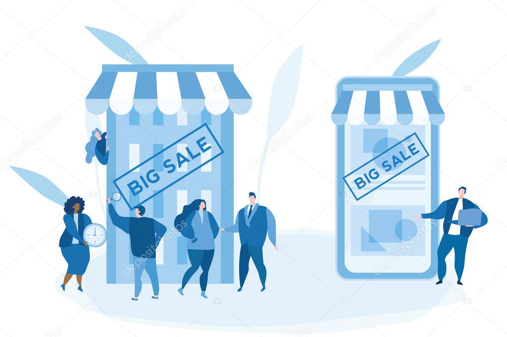 Shopping VS mobile shopping. Big queue Outside a Mall Having a Sale, Hot Summer Big Sale. vector illustration for web, print, social media, presentation. e-commerce, marketing. online offline store.