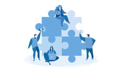 Takım metaforu. Yapboz elementlerini birbirine bağlayan insanlar. Web pankartı, bilgi grafikleri ve mobil için vektör illüstrasyonu. 