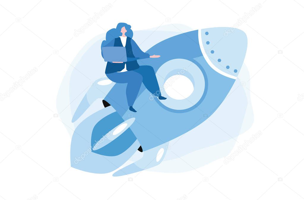 Rise of the career to success, woman on rocket spaceship. Vector illustration for web banner, infographics, mobile. 