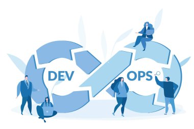 Dev Ops yazılım geliştirme ile programcı konsepti. Web afişi, bilgi grafikleri, mobil web sitesi için vektör illüstrasyonu.