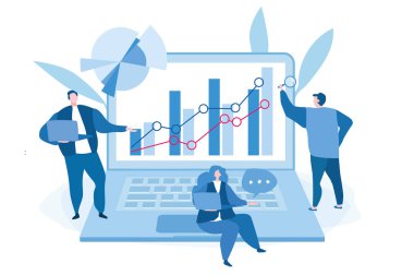 Analiz şirketi. Web pankartı, bilgi grafikleri ve mobil için vektör illüstrasyonu. 