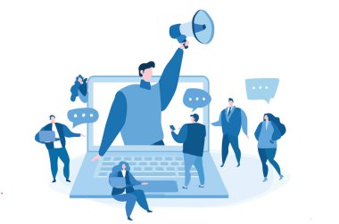 Çevresindeki insanlarla birlikte dizüstü bilgisayardan çıkan bir tanıtım elemanı. Web afişi, bilgi grafikleri, cep telefonu için vektör illüstrasyonu. Tüketici kitle iletişim hizmeti pazarlama. reklamcılık.