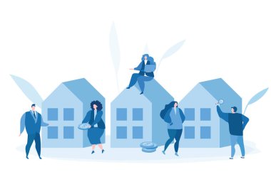 Yatırım, ipotek, ev kredisi, kira, mülk satın alma. Gayrimenkul, bir eve yatırım yapmak, web afişi için vektör illüstrasyonu, bilgi grafikleri, mobil.