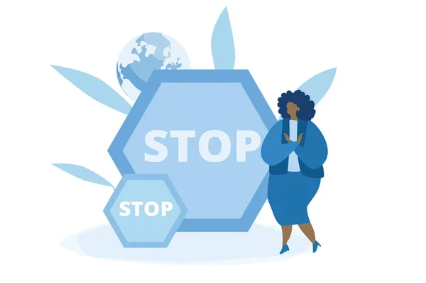 Arrêtez Signe Racisme Avec Une Femme Noire Afro Américaine Illustration — Image vectorielle