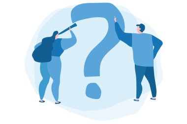 Soru işareti. İş adamları büyük bir soru işareti etrafında sorular soruyorlar. Vektör illüstrasyonu.Web pankartı, bilgi grafikleri, mobil web sitesi.