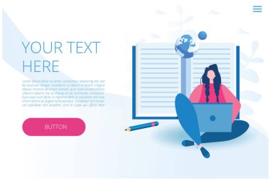 Çevrimiçi öğrenme, bilgisayarlı kadın, web afişi için vektör illüstrasyonu, bilgi grafikleri, mobil