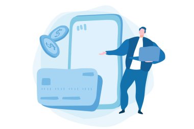 Çevrimiçi ve mobil ödemeler Web sayfası, sosyal medya, belgeler, kartlar, posterler için kavram. Vektör illüstrasyon, ödemeyi akıllı telefon, cep telefonu ödemesi, online bankacılık kullanarak doğruladı. 