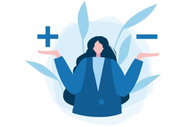 Düzmece ve eksiler, kadın bir seçim yapar. Web pankartı, bilgi grafikleri ve mobil için vektör illüstrasyonu