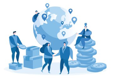 Küresel finansal anlaşmaların başarısı, Ticaret. Uluslararası ekonomi ihracat pazarı, web afişi, bilgi grafikleri, mobil illüstrasyon. 