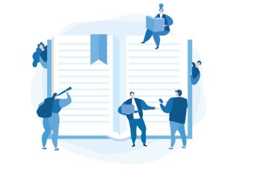 Okuma, kağıt kitap okuma, ders çalışma kişiler. Kütüphane eğitimi. Web pankartı, bilgi grafikleri ve mobil için vektör illüstrasyonu. 