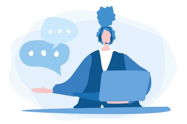 Kulaklıklı kadın ve dizüstü bilgisayarı olan mikrofon. Web afişi, bilgi grafikleri, cep telefonu için vektör illüstrasyonu. Müşteri hizmetleri