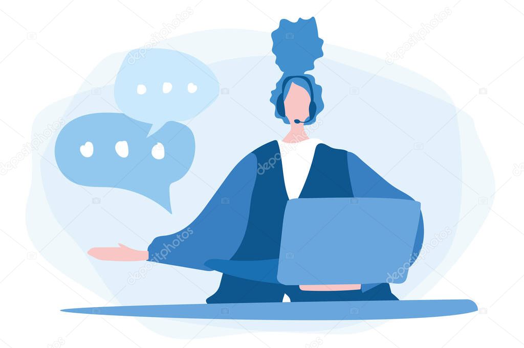 Woman with headphones and microphone with laptop. Vector illustration for web banner, infographics, mobile. Customer service