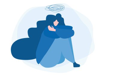Depresyondaki genç kadın karakter, Web afişi için vektör illüstrasyonu, bilgi grafikleri, mobil. 