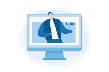 Ekrandaki adam, video çağrısı, Web afişi için vektör illüstrasyonu, bilgi grafikleri, mobil. 