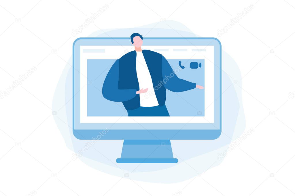Man on monitor screen, video call, Vector illustration for web banner, infographics, mobile. 