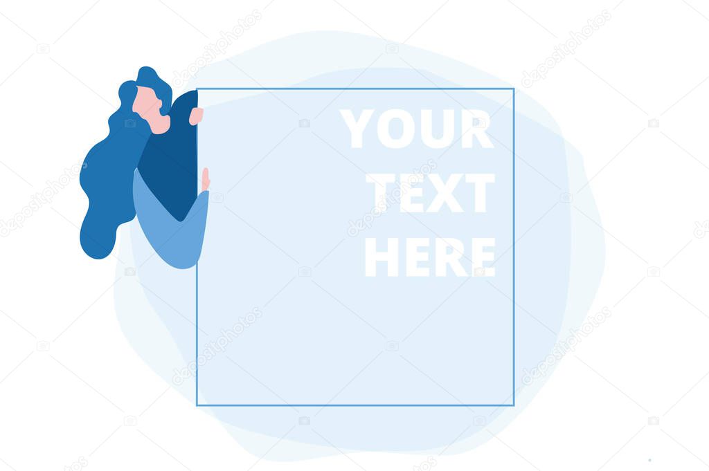 Your text here, template with young female character. Vector illustration for web banner, infographics, mobile.  mockup text frame,