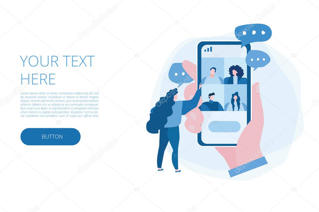 Young people character using a video call,  smartphone interface, Vector illustration for web banner, infographics, mobile.  remote online meeting,